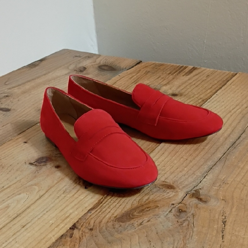 J Crew Red Leather/Suede Slip On Penny Loafers Size 8 NEW